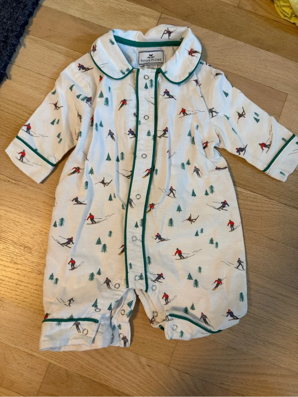 Petit Plume White Ski-Print Baby Pajamaswith Green Trim